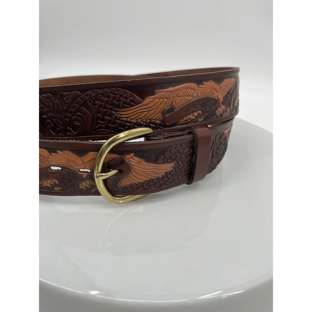 Vintage Western Belt Mens 50 Brown Top Grain Leather Tooled Eagle Brass Buckle